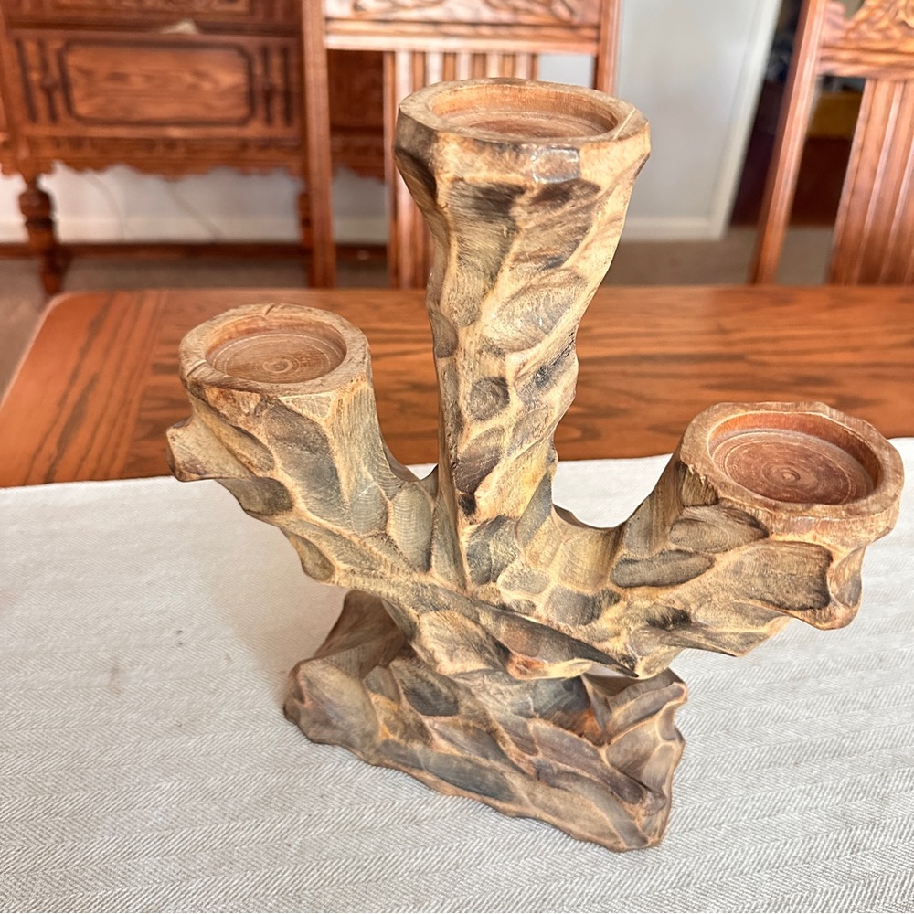 Hand carved Wooden Candle Holder candelabra